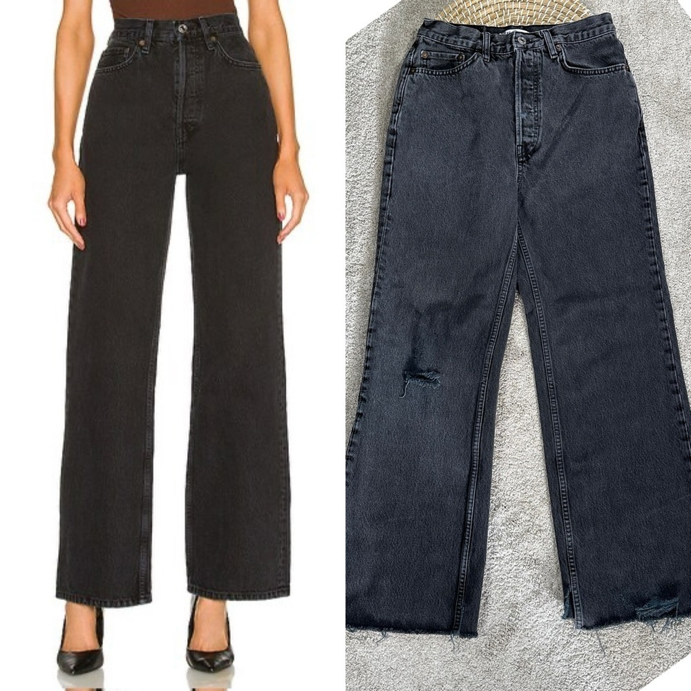 Re/Done Women’s 70s Ultra High Rise Wide Leg Jeans Button Fly in Shaded Black 28